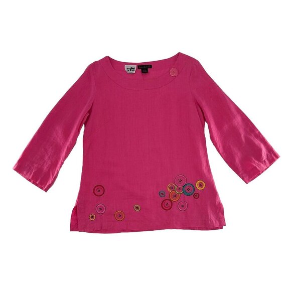 Sara Isabella Bright Pink 100% Irish Linen Embroidered Buttons Tunic Blouse 10 - Picture 3 of 11